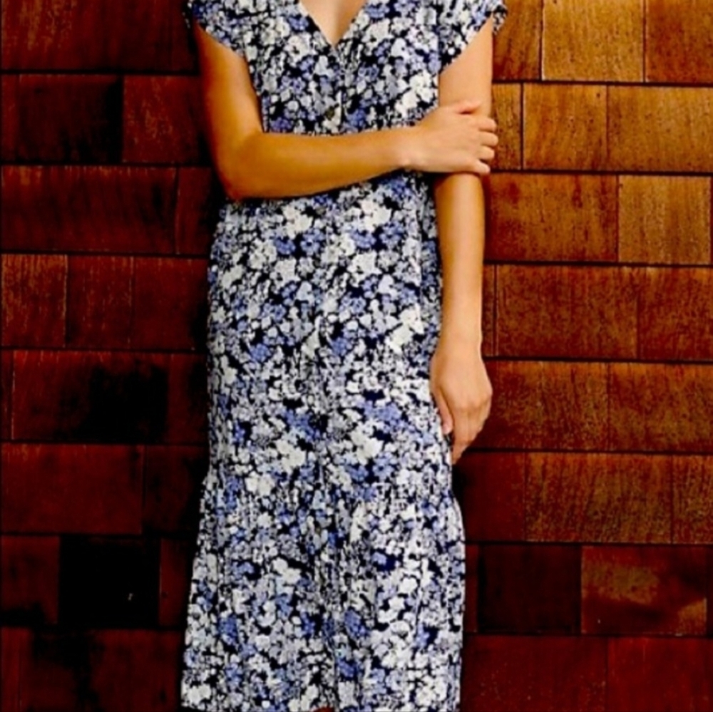 Madewell Women’s V-neck button front midi dress ruffle hem garden cottage small
